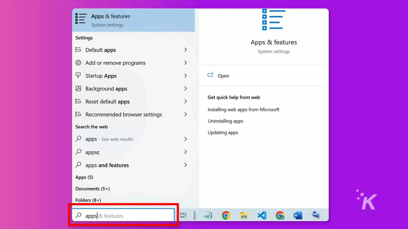 The image is showing the different settings and features available in a computer system, including options for installing, uninstalling, and updating apps. Full Text: Apps & features System settings Settings Apps & features Default apps System settings Add or remove programs Startup Apps > Open A Background apps > Reset default apps Get quick help from web Recommended browser settings Installing web apps from Microsoft > Uninstalling apps Search the web Updating apps