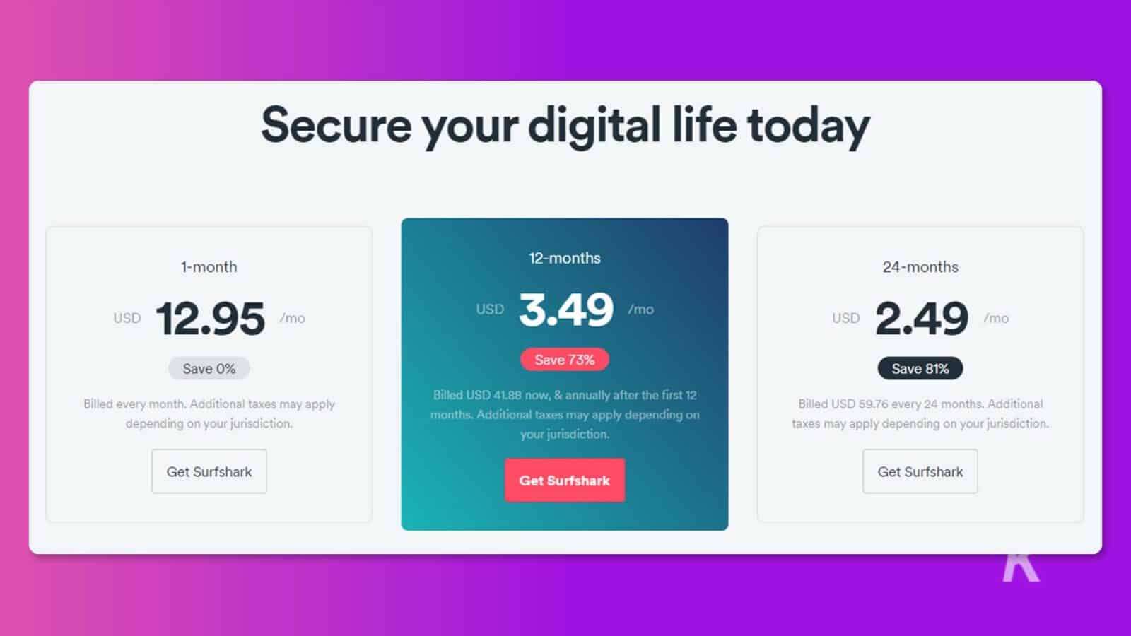 In this image, Surfshark is offering different subscription plans for securing one's digital life, with discounts for longer subscription periods. Full Text: Secure your digital life today 1-month 12-months 24-months USD 12.95 3.49 /mc USD /mo USD 2.49 /mo Save 0% Save 73% Save 81% Billed every month. Additional taxes may apply Billed USD 41.88 now, & annually after the first 12 depending on your jurisdiction. months. Additional taxes may apply depending on Billed USD 59.76 every 24 months. Additional your jurisdiction. taxes may apply depending on your jurisdiction. Get Surfshark Get Surfshark Get Surfshark