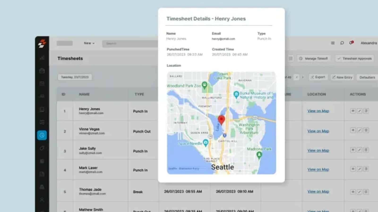 Henry jones is punching in at green lake park on tuesday, 23/7/2023. Full text: timesheet details - henry jones name email type henry jones punch in new - search. D alexandra punchedtime created time timesheets 26/07/2023 09:33 26/07/2023 09:45 manage timeof v timesheet approvals location tuesday, 23/7/2023 ballard green lake park export z new entry ravenna detauliers woodland park zoo id name type burke museum of wallingford natural history and location actions 1 henry jones harrydamal. Com punch in view. On map interbay washington 2 vinne vegas punch out queen anne park vinnvgzmal. Com arboretum view on map space needle cartolwill 3 jake sully suty@ gmail. Com punch in madrona park view on map & mark mark laser seattle 4 markgional. Com punch in view on map 5 thomas jade break 26/07/2023 08:55 26/07/2023 09:10 view. On. Map mathew smith