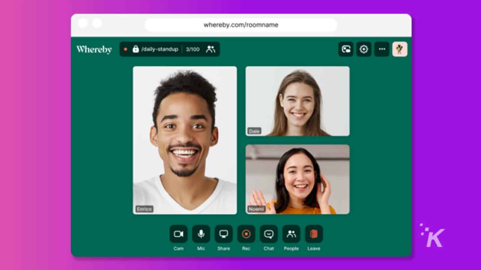 People are joining a virtual meeting room called "daily-standup" with 25 participants, including Dale, Enrico, Noemi, and Cam. Full Text: whereby.com/roomname ... Whereby . @ /daily-standup | 3/100 25 Dale Enrico Noemi ·K O Cam Mic Share Rec Chat People Leave