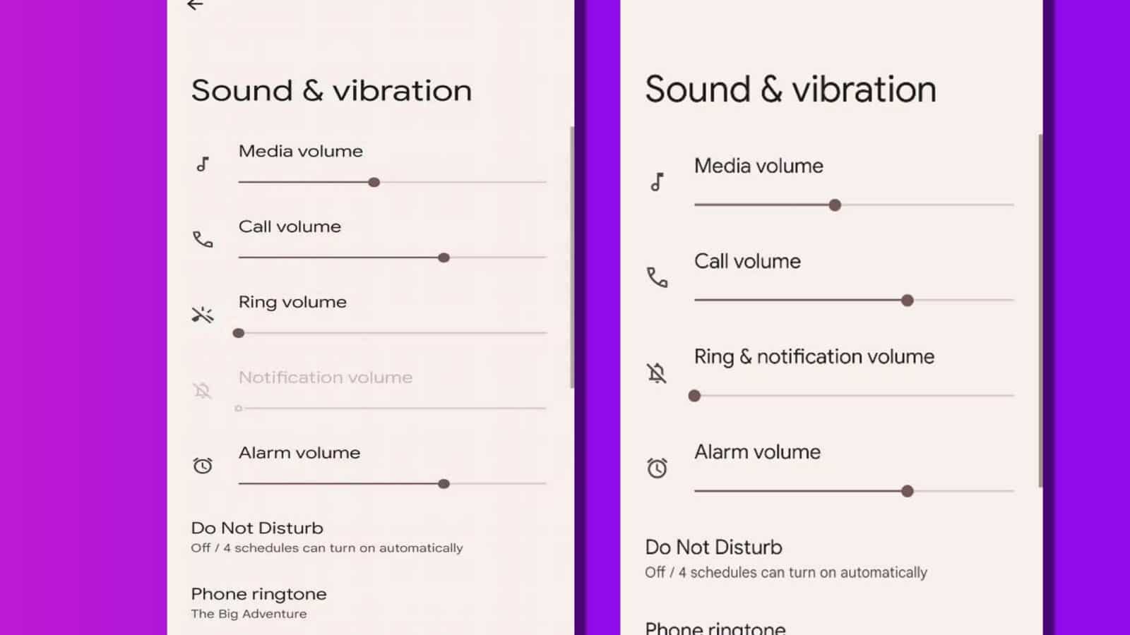 This image is showing the various volume settings that can be adjusted on a phone, such as sound, media, call, ring, notification, alarm, and Do Not Disturb. Full Text: Sound & vibration Sound & vibration Media volume Media volume Call volume Call volume Ring volume Ring & notification volume A Notification volume Alarm volume Alarm volume Do Not Disturb Off / 4 schedules can turn on automatically Do Not Disturb Off / 4 schedules can turn on automatically Phone ringtone The Big Adventure Phone inat