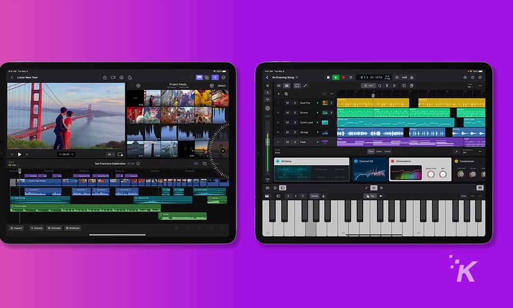 Final Cut program on iPads in a purple background.