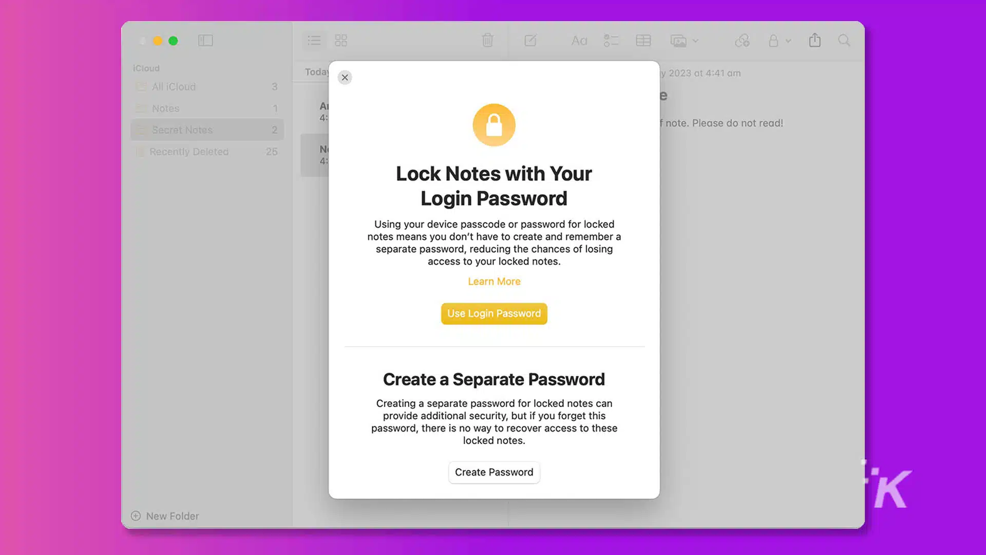 Mac Notes login password screen