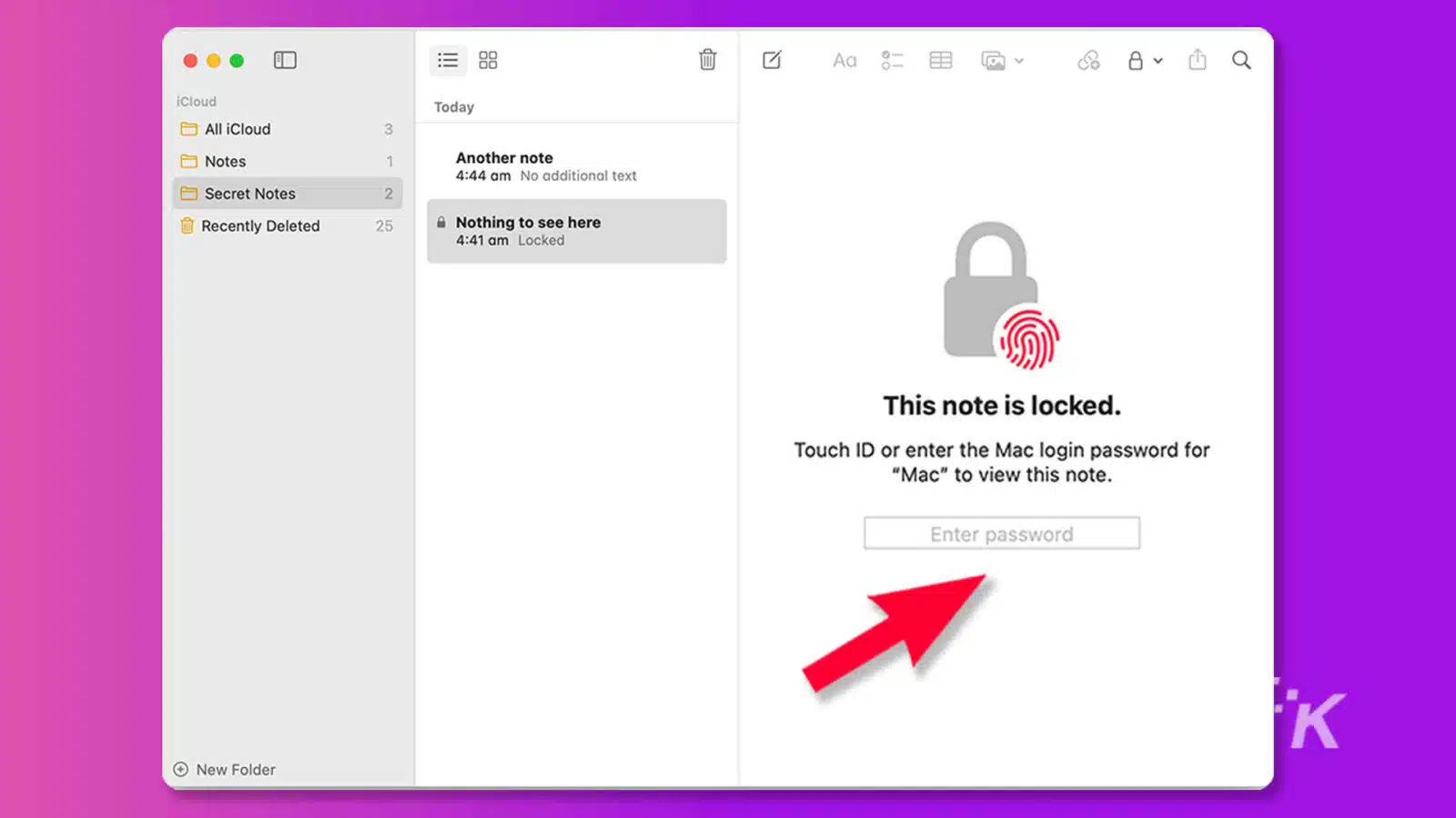 In this image, a user is attempting to access a secret note that is locked and requires either Touch ID or a Mac login password to view. Full Text: : 88 Aa 8 EB D iCloud Today All iCloud 3 Notes 1 Another note 4:44 No additional text Secret Notes 2 Recently Deleted 25 Nothing to see here 4:41 Locked This note is locked. Touch ID or enter the Mac login password for "Mac" to view this note. Enter password K New Folder