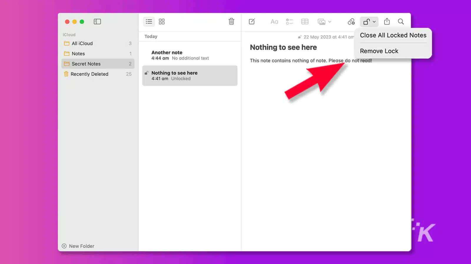 The image is showing a user managing notes on their iCloud account, with some notes being locked, unlocked, and deleted. Full Text: : 88 iCloud Today 22 May 2023 at 4:41 Close All Locked Notes All iCloud 3 Nothing to see here Notes 1 Another note Remove Lock 4:44 No additional text Secret Notes 2 This note contains nothing of note. Please do not read! Recently Deleted 25 Nothing to see here 4:41 Unlocked K + New Folder