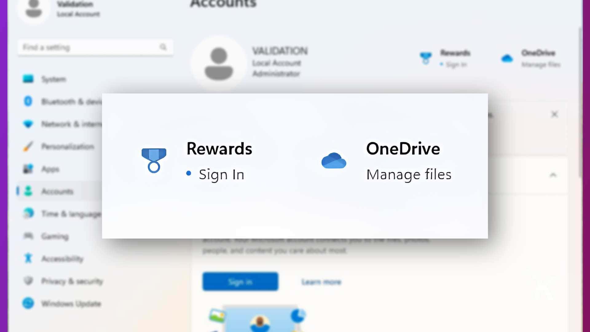 The person is signing into their onedrive account to manage their files and update their privacy and security settings. Full text: accounts validation 0 burton & ded rewards onedrive · sign in manage files 1 & accounts -- - privacy & security windows update