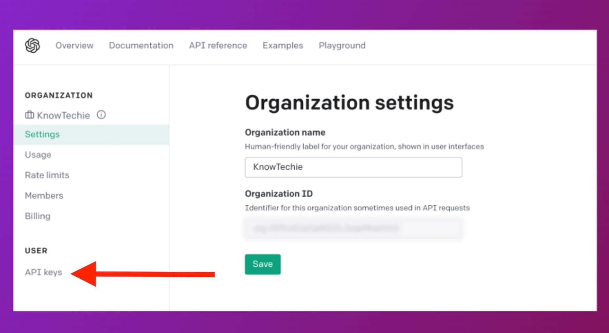 This image is showing the settings for an organization, including the organization name, usage rate limits, members, and billing information. Full text: overview documentation api reference examples playground organization organization settings [b knowtechie settings organization name human-friendly label for your organization, shown in user interfaces usage rate limits knowtechie members organization id billing identifier for this organization sometimes used in api requests user api keys save