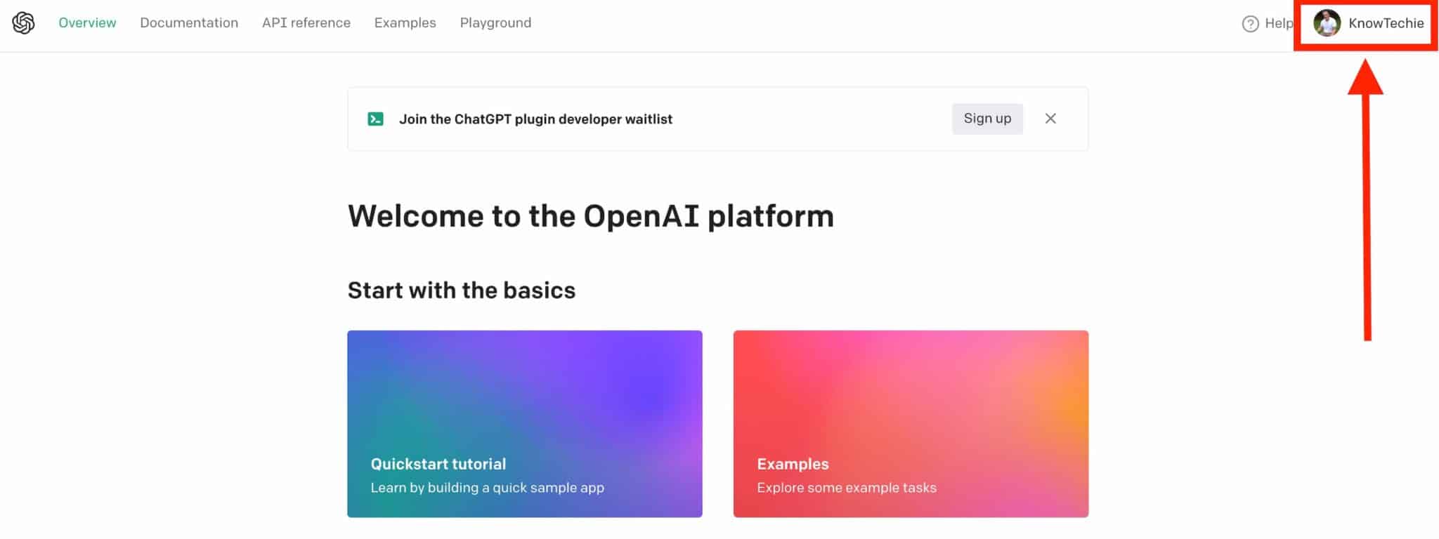 In this image, people are being invited to join the openai platform and explore example tasks by building a quick sample app. Full text: overview documentation api reference examples playground help knowtechie join the chatgpt plugin developer waitlist sign up × welcome to the openai platform start with the basics quickstart tutorial examples learn by building a quick sample app explore some example tasks