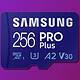 The image is showing a Samsung 256 Pro Plus A2 V30 memory card. Full Text: SAMSUNG 256 PRO Plus (3) A2 V30 İK