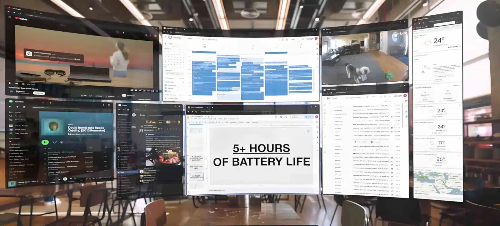 In the image, David Bowie's song "Space Oddity" is playing for 5+ hours on a device with a battery life of 210-240 minutes. Full Text: -- 210 ...... ... - .. 240 -- -------- -- -- ------ David Bowie Otka Space 24% Oddity) 2:010 Rematar] - - - 5+ HOURS 170 .... .....................-- -- - OF BATTERY LIFE - - --