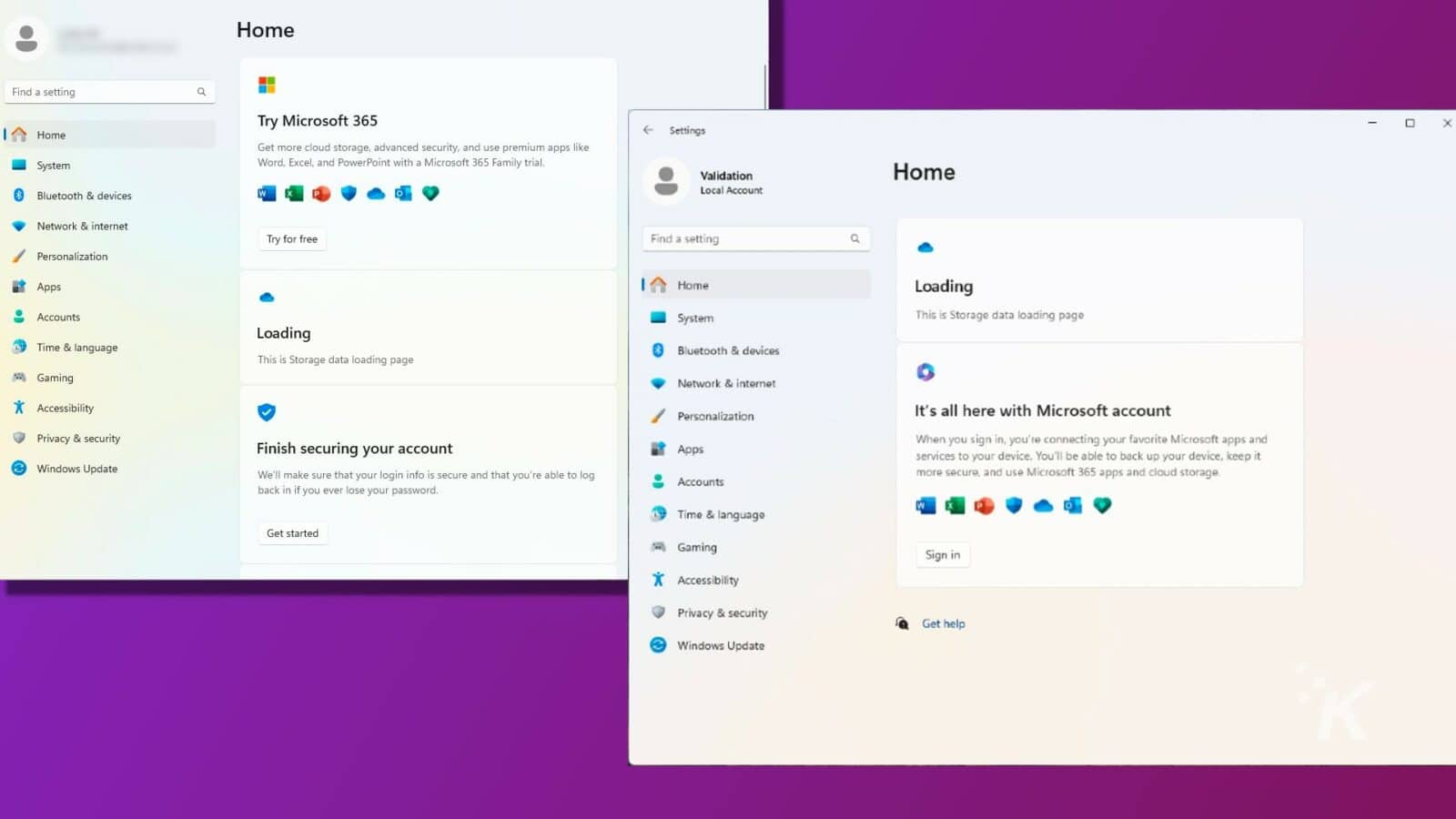 This image is showing the process of setting up a microsoft 365 family trial account. Full text: home find a setting q try microsoft 365 - x home settings get more cloud storage, advanced security, and use premium apps like system word, excel, and powerpoint with a microsoft 365 family trial. Validation home bluetooth & devices local account network & internet try for free find a setting a personalization apps home loading this is storage data loading page accounts system loading time & language this is storage data loading page bluetooth & devices network & internet k accessibility personalization it's all here with microsoft account privacy & security finish securing your account when you sign in, you're connecting your favorite microsoft apps and apps services to your device. You'll be able to back up your device, keep it windows update we'll make sure that your login info is secure and that you're able to log more secure, and use microsoft 365 apps and cloud storage back in if you ever lose your password. Accounts time & language get started gaming sign in accessibility privacy & security get help windows update