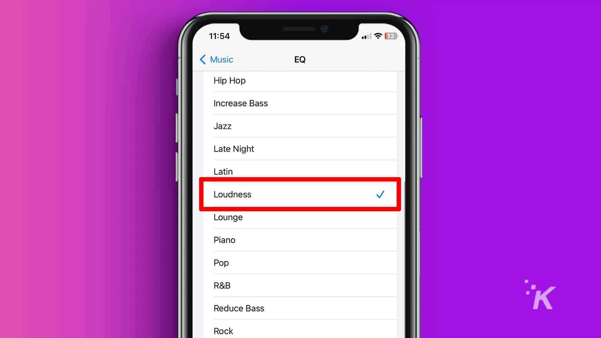 Iphone settings > eq > loudness tab