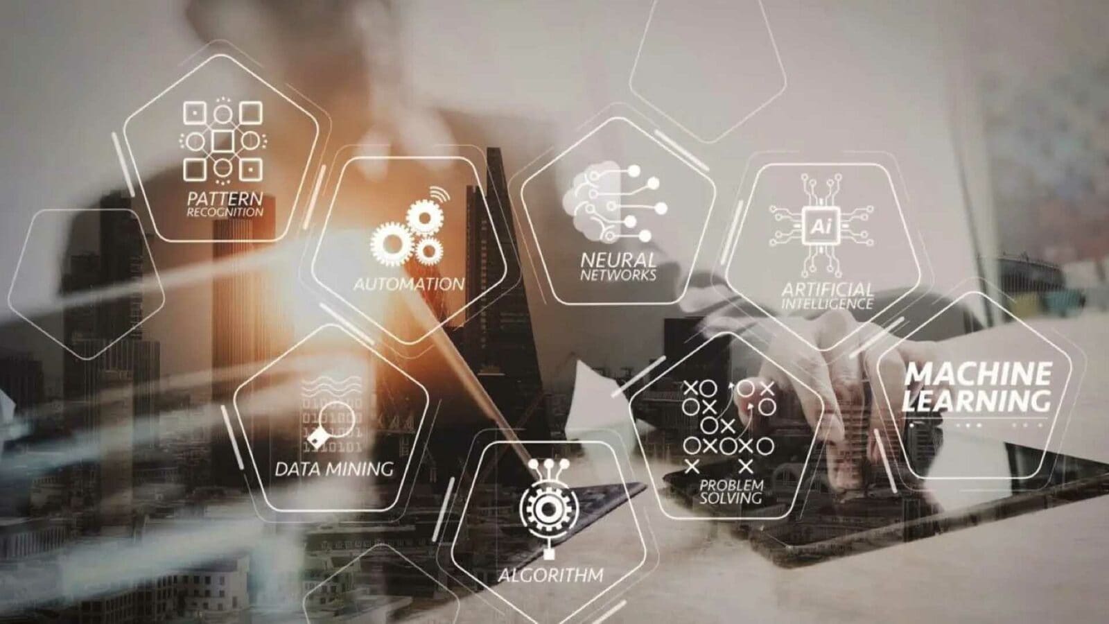 The image is depicting the various technologies used in artificial intelligence, such as pattern recognition, neural automation networks, machine learning, data mining, and problem solving algorithms. Full Text: PATTERN RECOGNITION NEURAL AUTOMATION NETWORKS ARTIFICIAL INTELLIGENCE MACHINE O Ox LEARNING 0101000 OX OXOXO DATA MINING X X PROBLEM SOLVING ALGORITHM