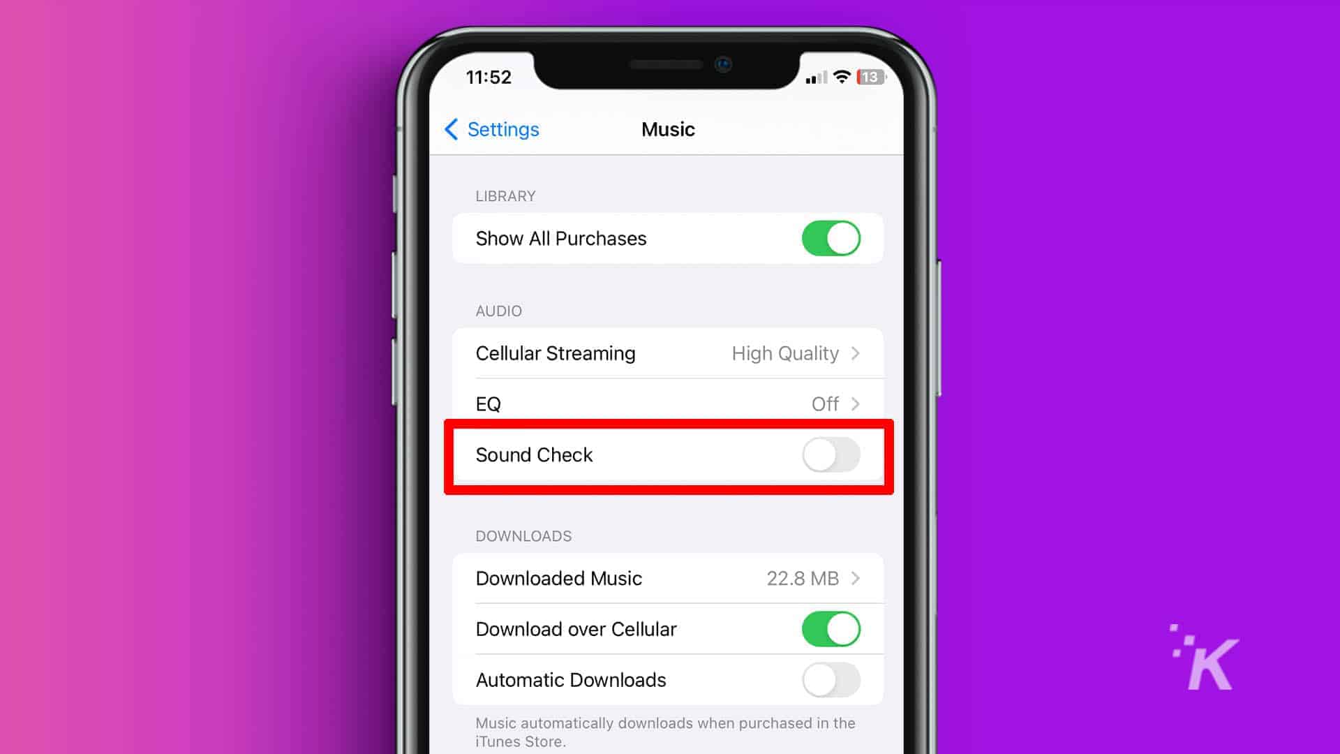 Screenshot of iphone settings with the sound check option highlighted
