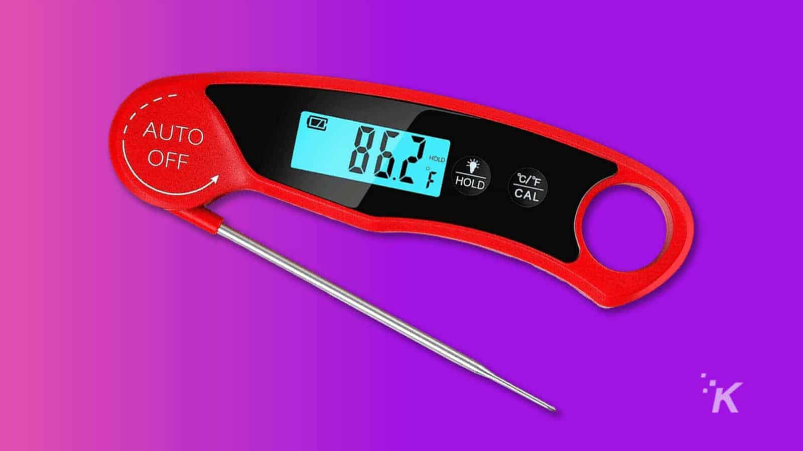 The image shows buttons for controlling a device with options to hold a temperature, switch between Celsius and Fahrenheit, set the device to automatic, and turn the calibration off. Full Text: HOLD ℃/ºF HOLD AUTO F CAL OFF