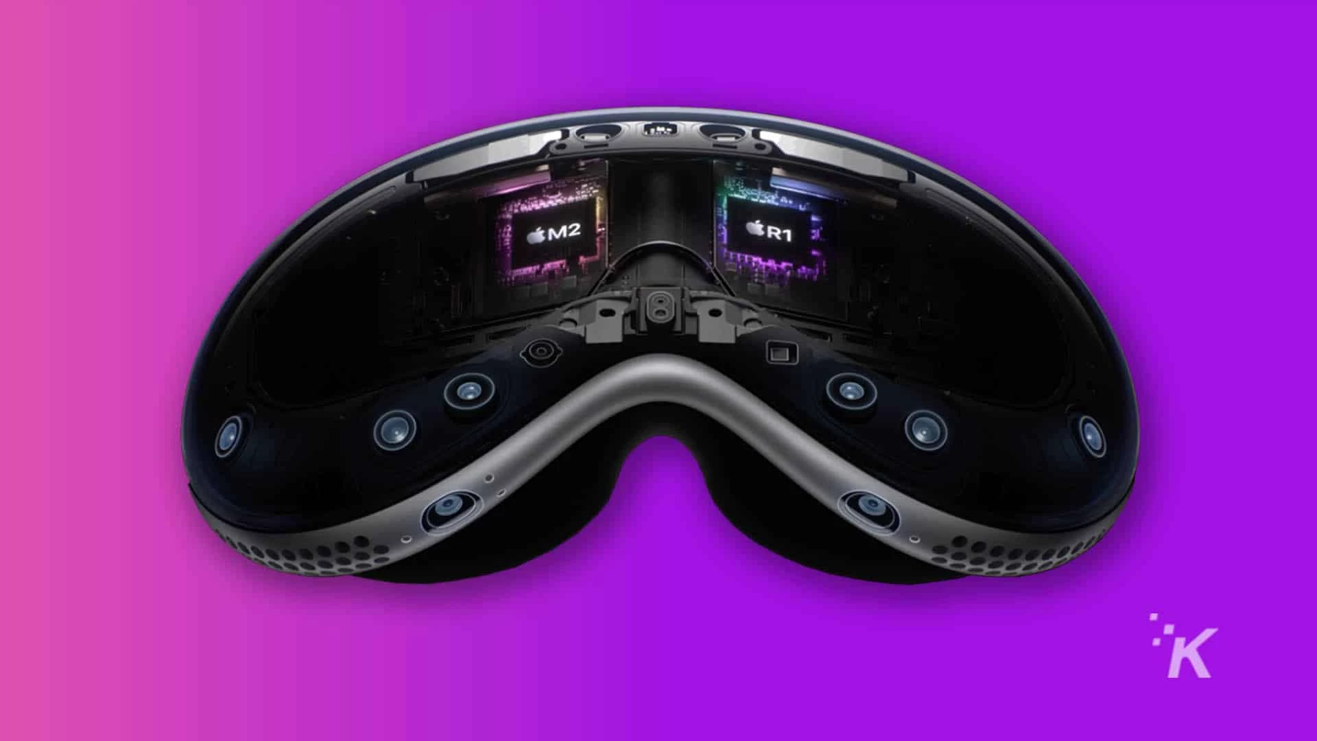 Vision Pro headset front in purple background