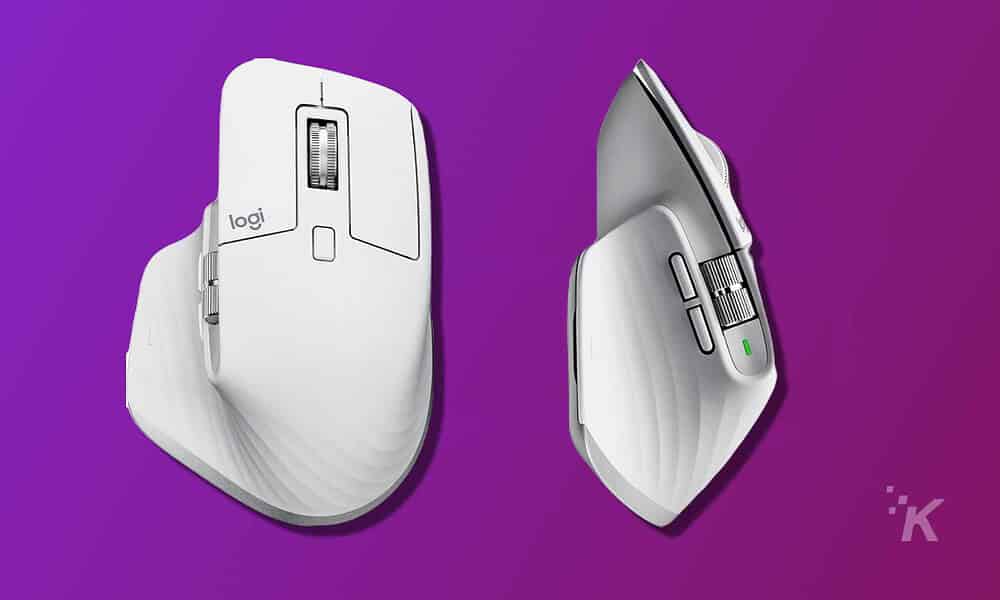A computer mouse is clicking on the text 'Logi' on the screen.