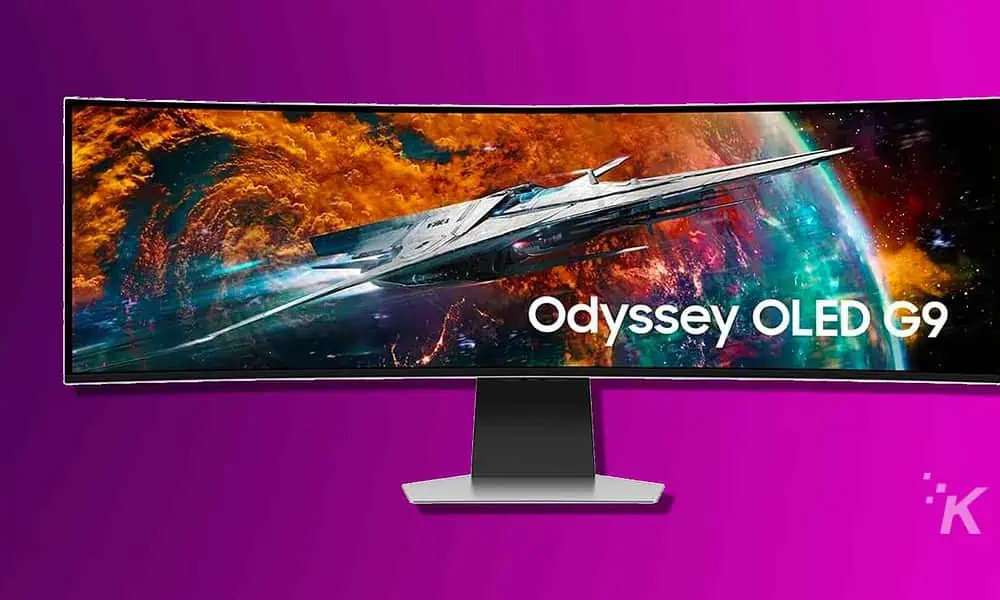 The image shows a person using the Odyssey OLED G9 gaming monitor. Full Text: Odyssey OLED G9