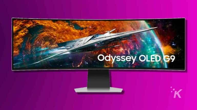 The image shows a person using the Odyssey OLED G9 gaming monitor. Full Text: Odyssey OLED G9
