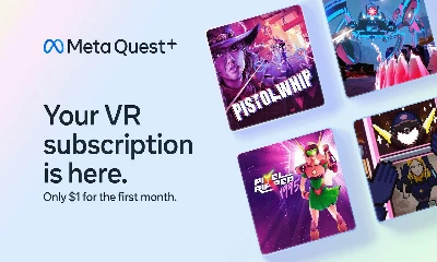 quest vr plus The image is showing a person using a virtual reality (VR) headset and holding a virtual reality gun, indicating that they are about to purchase a subscription to a VR game called "Pistol Whip" for $1 for the first month. Full Text: 00 Meta Quest+ Your VR PISTOL WHIP subscription is here. Only $1 for the first month.