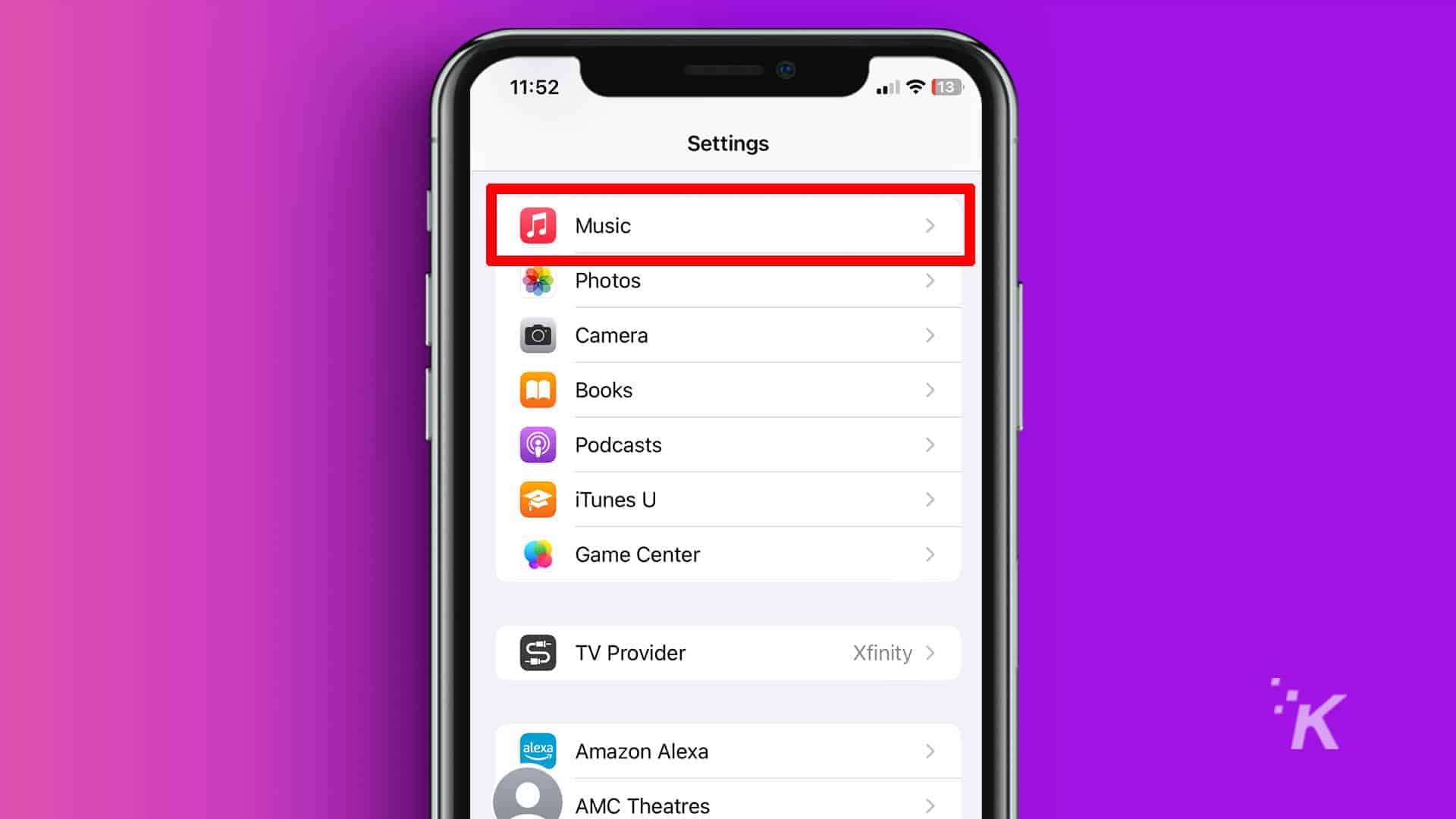 Iphone screen showing the music settings option on purple background