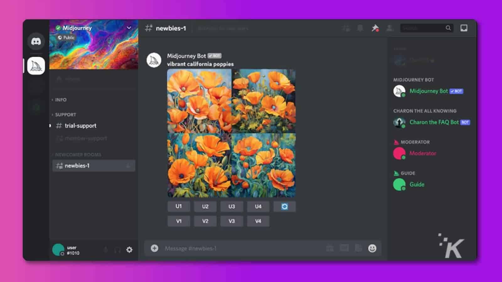 In this image, a bot room is being rented out to users, and a guide is being provided to help them navigate the room. Full Text: Midjourney newbies-1 bot room for rent users .. Public TEAM Midjourney Bot & LOT vibrant california poppies At Home MIDJOURNEY BOT Midjourney Bot & BOT › INFO > SUPPORT CHARON THE ALL KNOWING # trial-support Charon the FAQ Bot BOT member-support MODERATOR NEWCOMER ROOMS Moderator + newbies-1 GUIDE Guide U1 U2 U3 U4 V1 V2 V3 V4 İK usc Message #newbies-1 O #1010