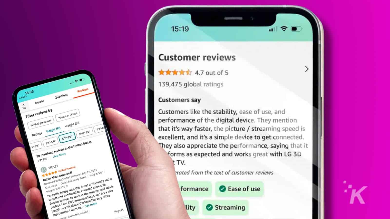 Customers are expressing their satisfaction with the stability, ease of use, performance, and streaming speed of a digital device, and are appreciating its simplicity to get connected. Full Text: 15:19 Customer reviews 15:03 4 Slack TOP Details Questions Reviews ***** 4.7 out of 5 Filter reviews by 139,475 global ratings Verified purchases Photos or videos Customers say Ratings Height (ft) Weight (Ib) Customers like the stability, ease of use, and 5'1"-5'3" 5'4"-5'6* 5'7"-5'9" 5'10"-6'0* "1"-6" performance of the digital device. They mention 50 matching reviews in the United States that it's way faster, the picture / streaming speed is 57"-59" Clear filters excellent, and it's a simple device to get connected. Rfb123 ***** Verified Purchase They also appreciate the performance, saying that it Better than expected! Reviewed in the United States on July 27, 2023 forms as expected and works great with LG 3D Size: Large Color: Red Leafy Floral |Height: 5'8" Weight: 170-175 lb ¿ TV. I'm really happy with this dress! It fits nicely and is so soft and comfortable. I needed more cool dresses to wear to work in the summer and this is erated from the text of customer reviews perfect. I 5'8", ordered a large, and it's a nice length - a bit above the knee but very office appropriate. I want to ... See more n found this helpful formance Report Ease of use lity Streaming K