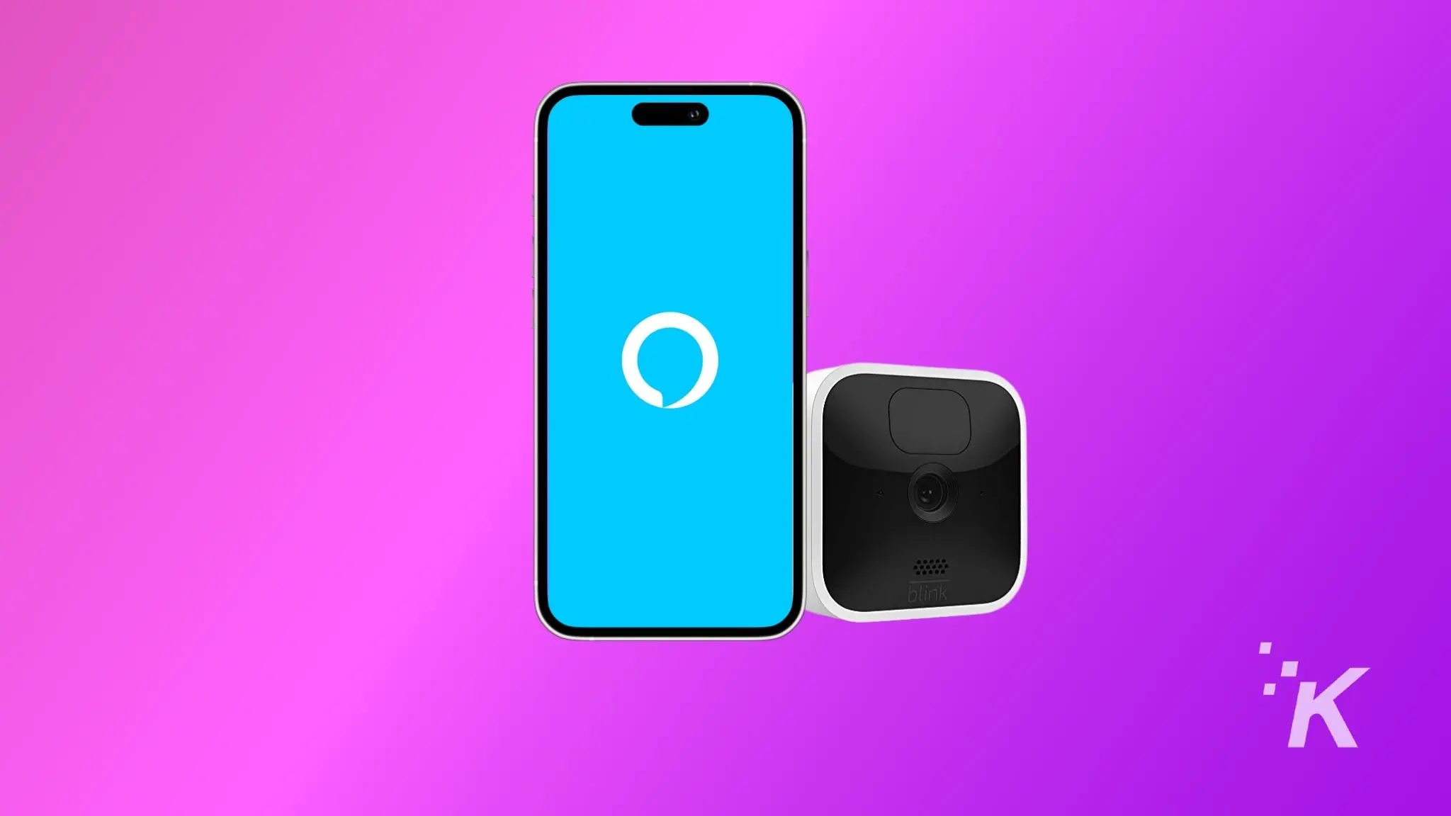 A mobile phone is displaying a Alexa App with Blink Camera on the background