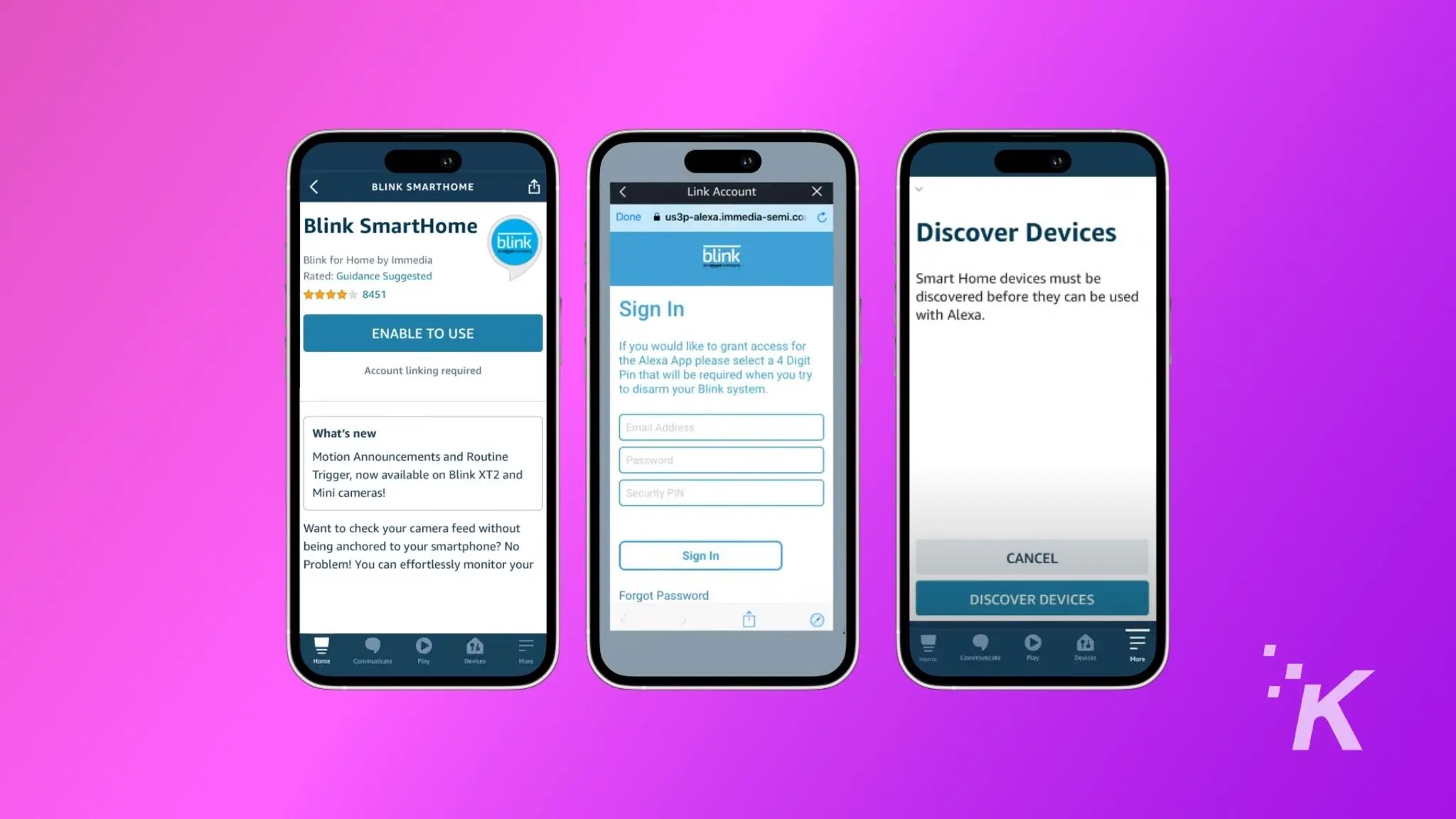 This image is showing the steps required to link a blink smarthome account to the alexa app in order to use smart home devices with alexa.
