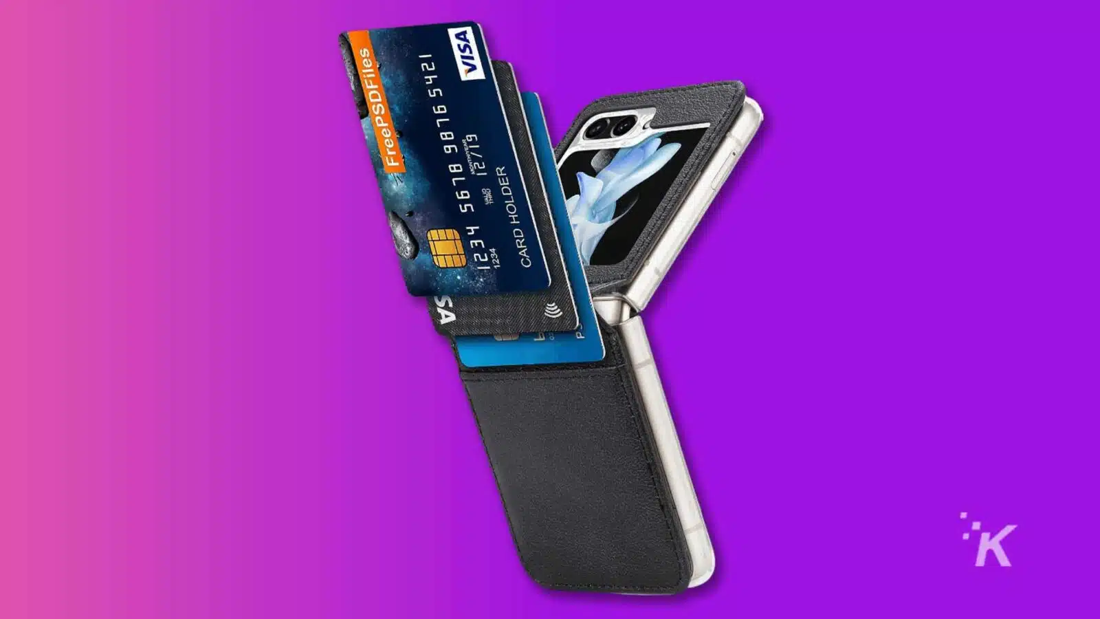A card holder is securely holding a Visa card with the numbers FreePSDFiles SA 1234 5678 98765421 1234 18 12/19 visible.