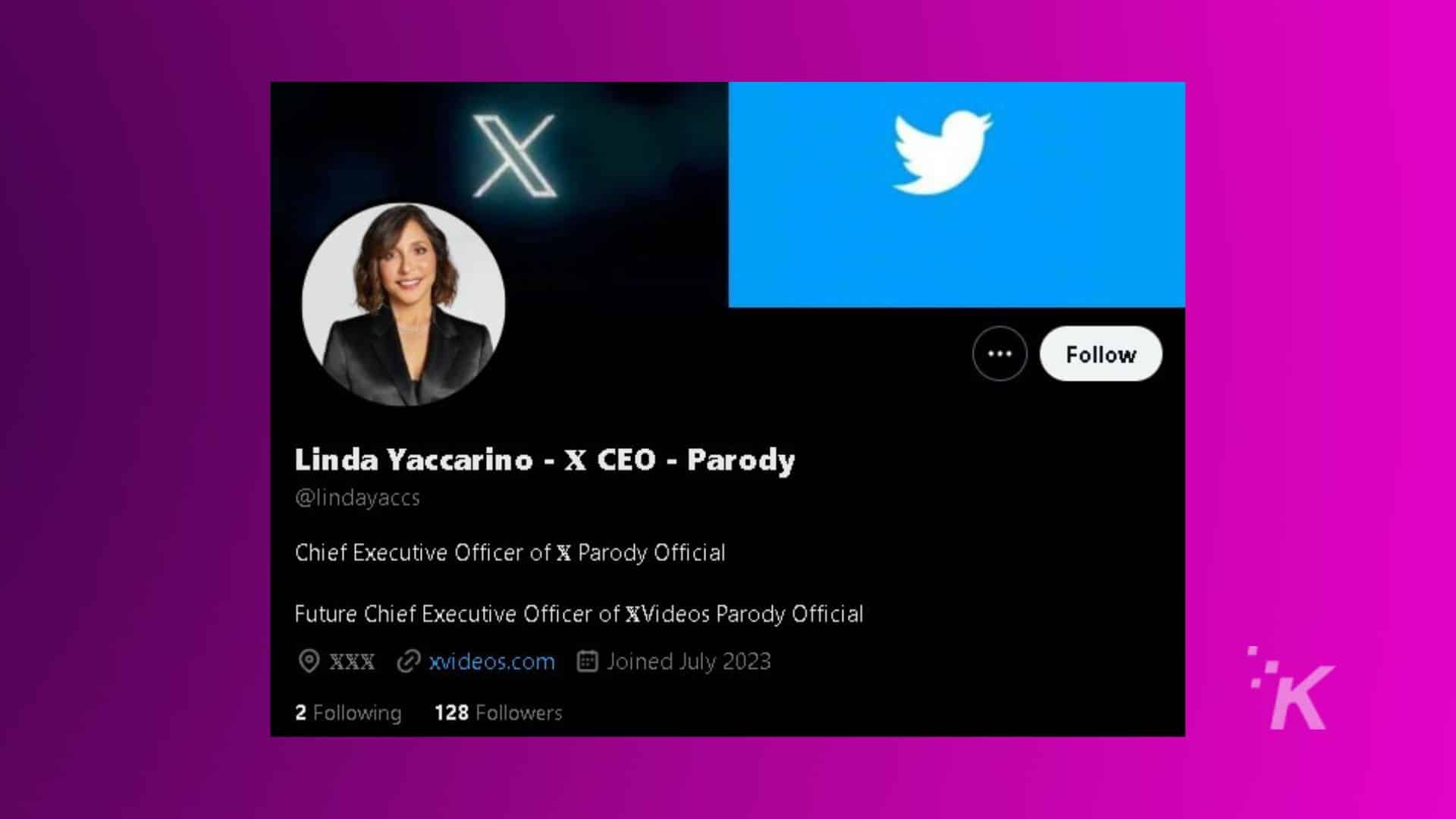 Linda Yaccarino is a parody CEO of X and XVideos, and has been followed by 128 people since joining in July 2023. Full Text: ... Follow Linda Yaccarino - X CEO - Parody @lindayaccs Chief Executive Officer of X Parody Official Future Chief Executive Officer of XVideos Parody Official @ xvideos.com ) Joined July 2023 İK 2 Following 128 Followers