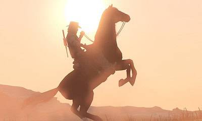 Red Dead Redemption: A person is riding a horse in silhouette against a sunset sky, jumping over a mountain with the sun setting in the background.