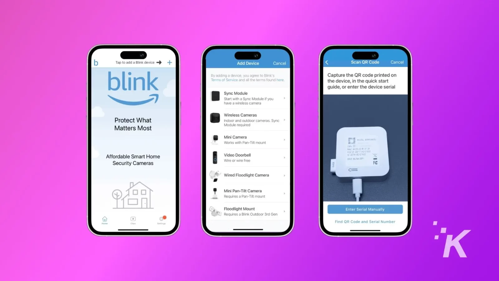 The image is showing instructions on how to add a Blink device to a home security system.