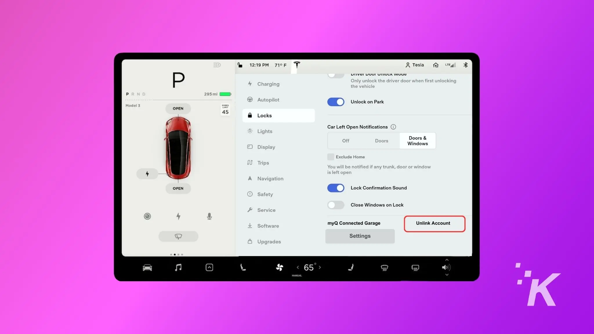 The image is showing how to unlink myq from a tesla