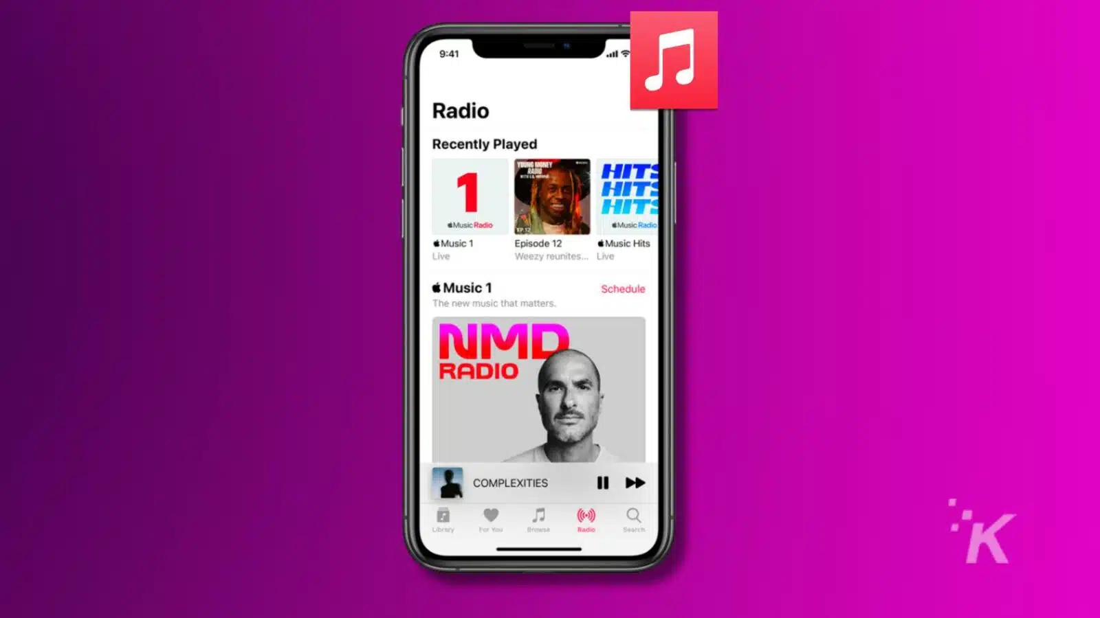 This image is showing Apple Music's radio station's schedule of recently played music and upcoming shows, as well as a library of music available for listeners to browse.