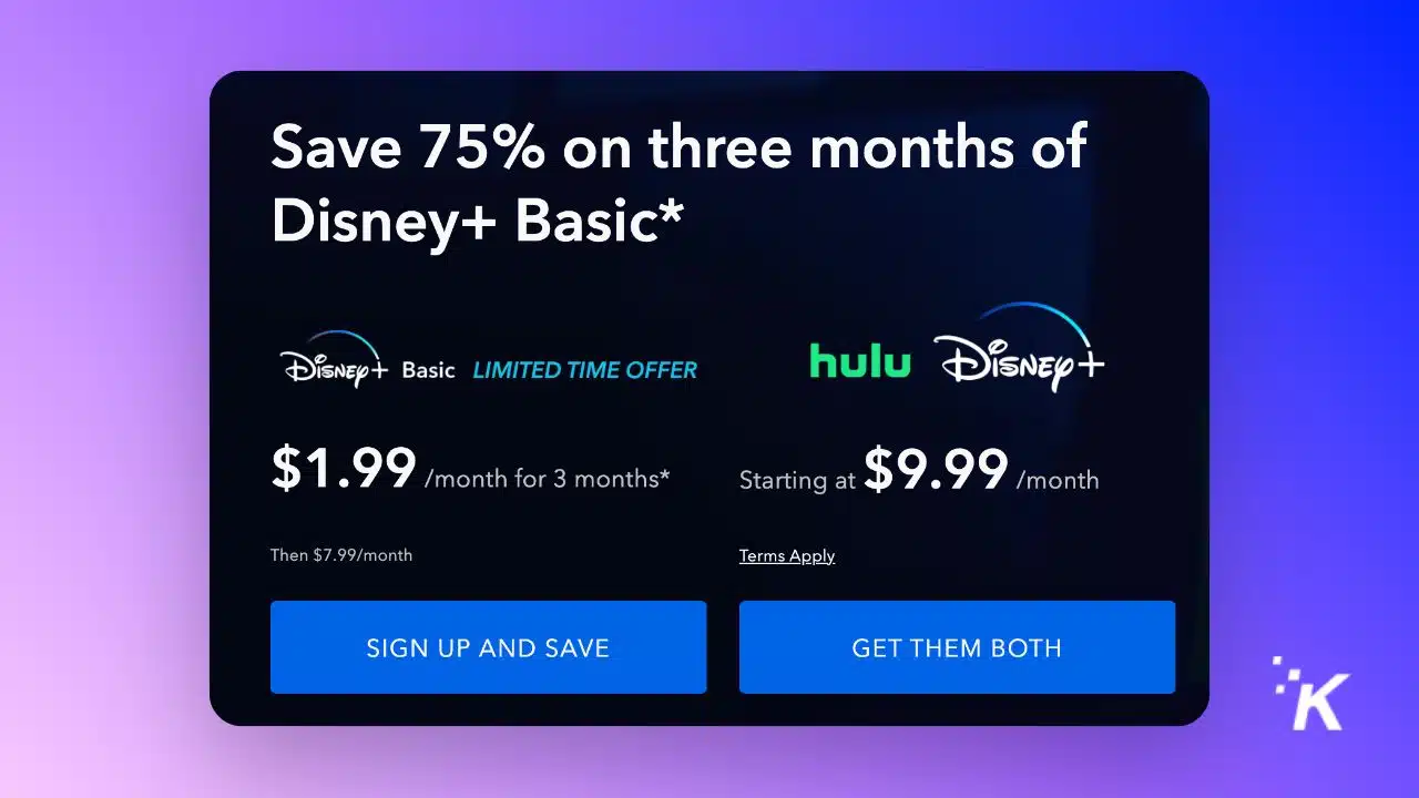 disney plus deal pricing on a purple gradient background