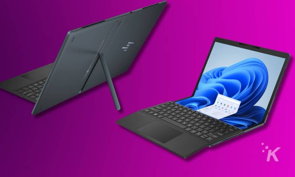 Hp spectre fold product shot on a purple background