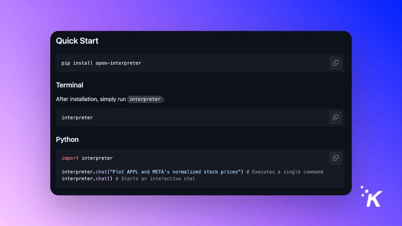 open interpreter quick start screen on a purple background