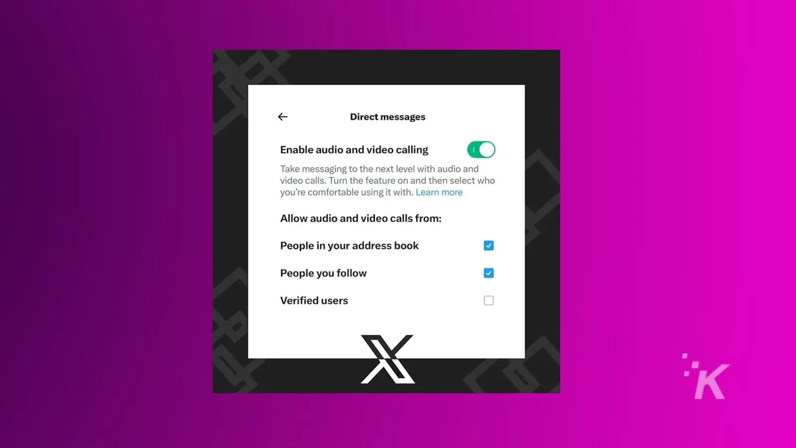 This image is showing how to enable audio and video calling in a messaging app, and how to choose who to allow calls from.