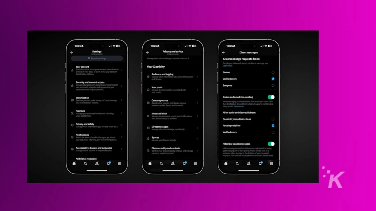 This image is providing information about the settings and features of an online platform, allowing users to manage their privacy and safety, direct messages, notifications, and more.