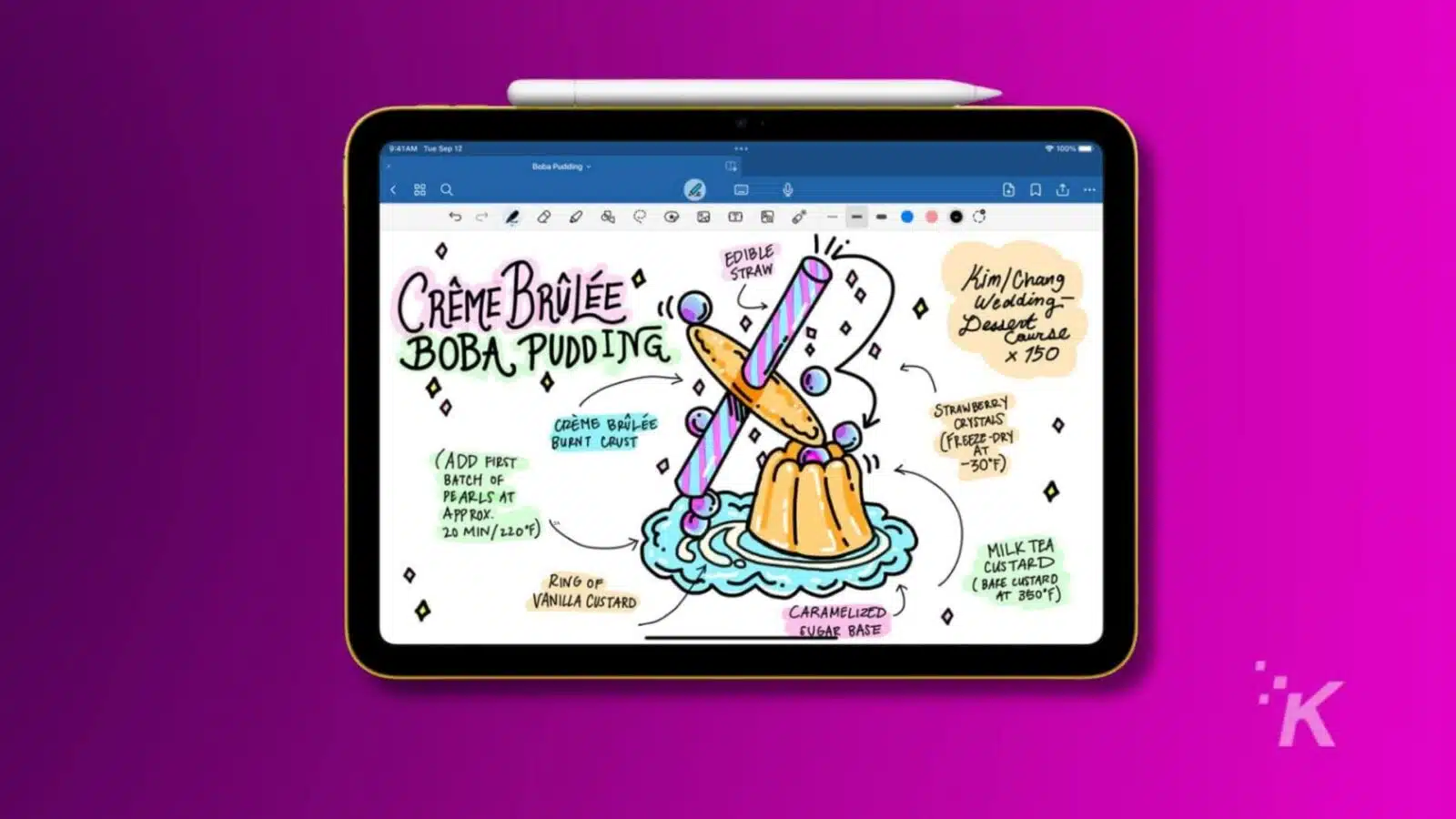 apple ipad with an apple pencil laid on top of it hovering over a purple background