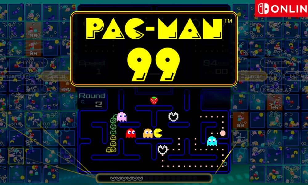 The image is showing a pac-man 99 game being played with the score, speed, and round being displayed.