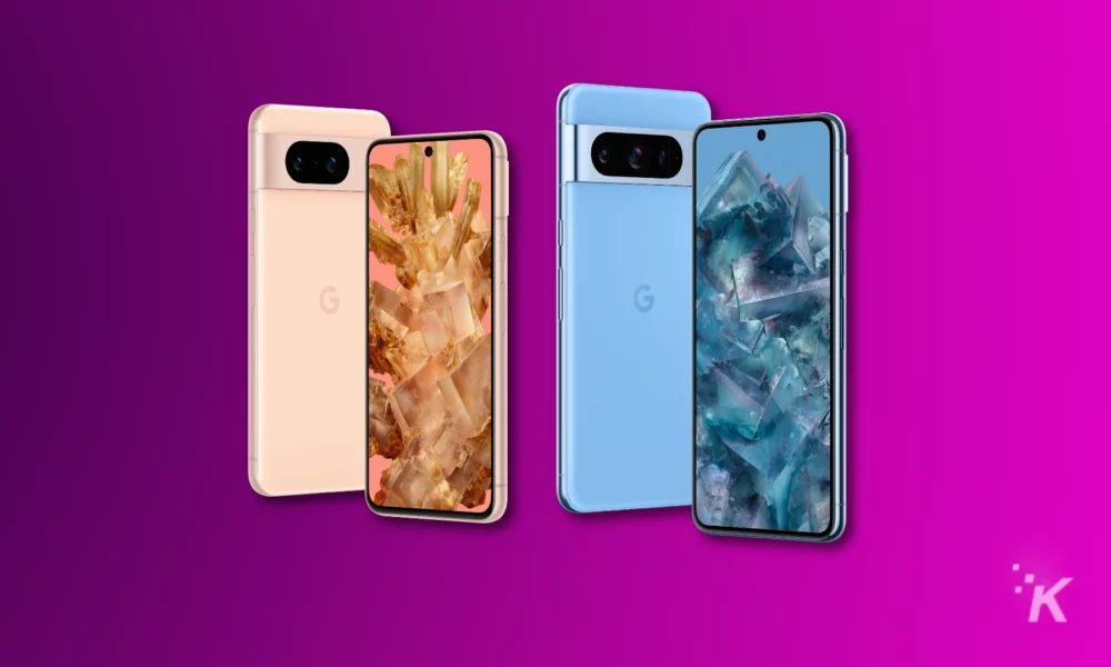 Pixel 8 and 8 pro on a purple background