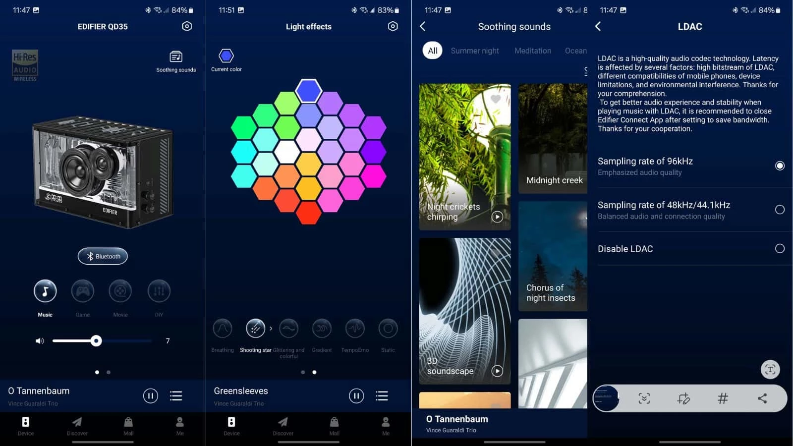 The image displays four smartphone screens showcasing a music app's interface with features like soothing sounds, light effects, and audio settings including LDAC technology.