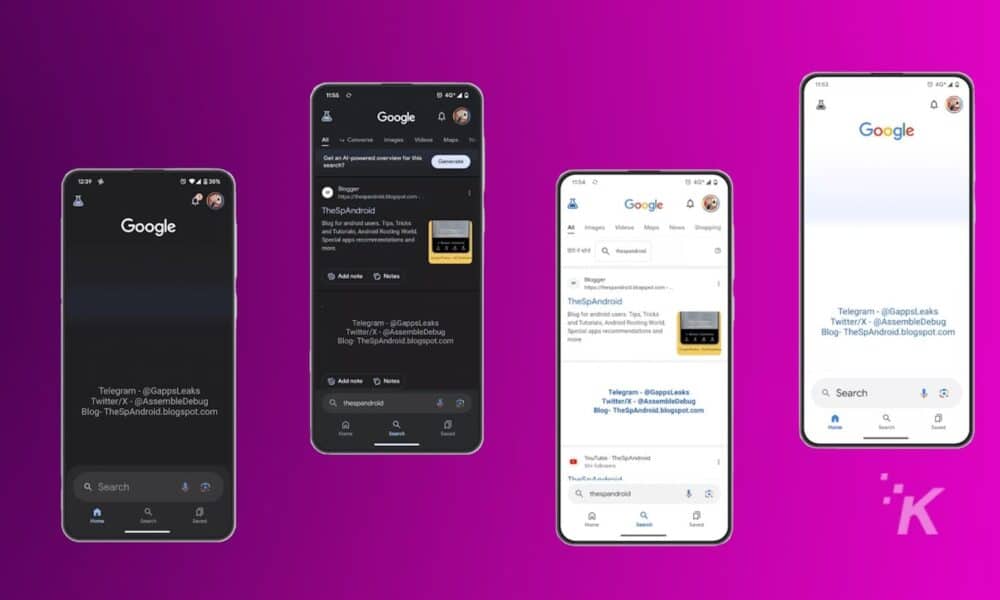 Four smartphones against a purple background displaying google search interface in various themes; showcasing search functionality, promotions, and a blog advertisement.