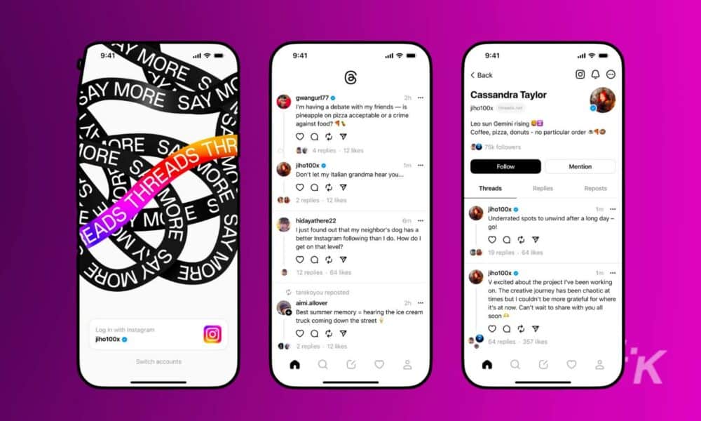 Three smartphone screens displaying a social media application, each with different content and user interactions, set against a purple background.