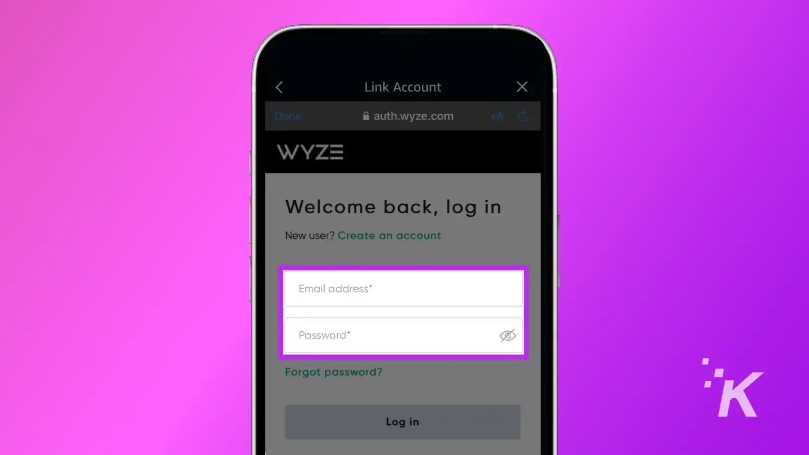 Smartphone displaying a login screen for the WYZE app, prompting for email address and password against a purple background. There's an option to create a new account.