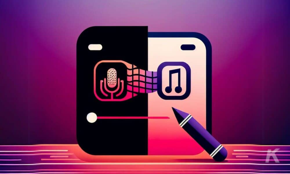 Graphic illustration of a podcast concept with a microphone icon flowing into a music note icon, symbolizing audio content creation, with a stylized pencil underneath.