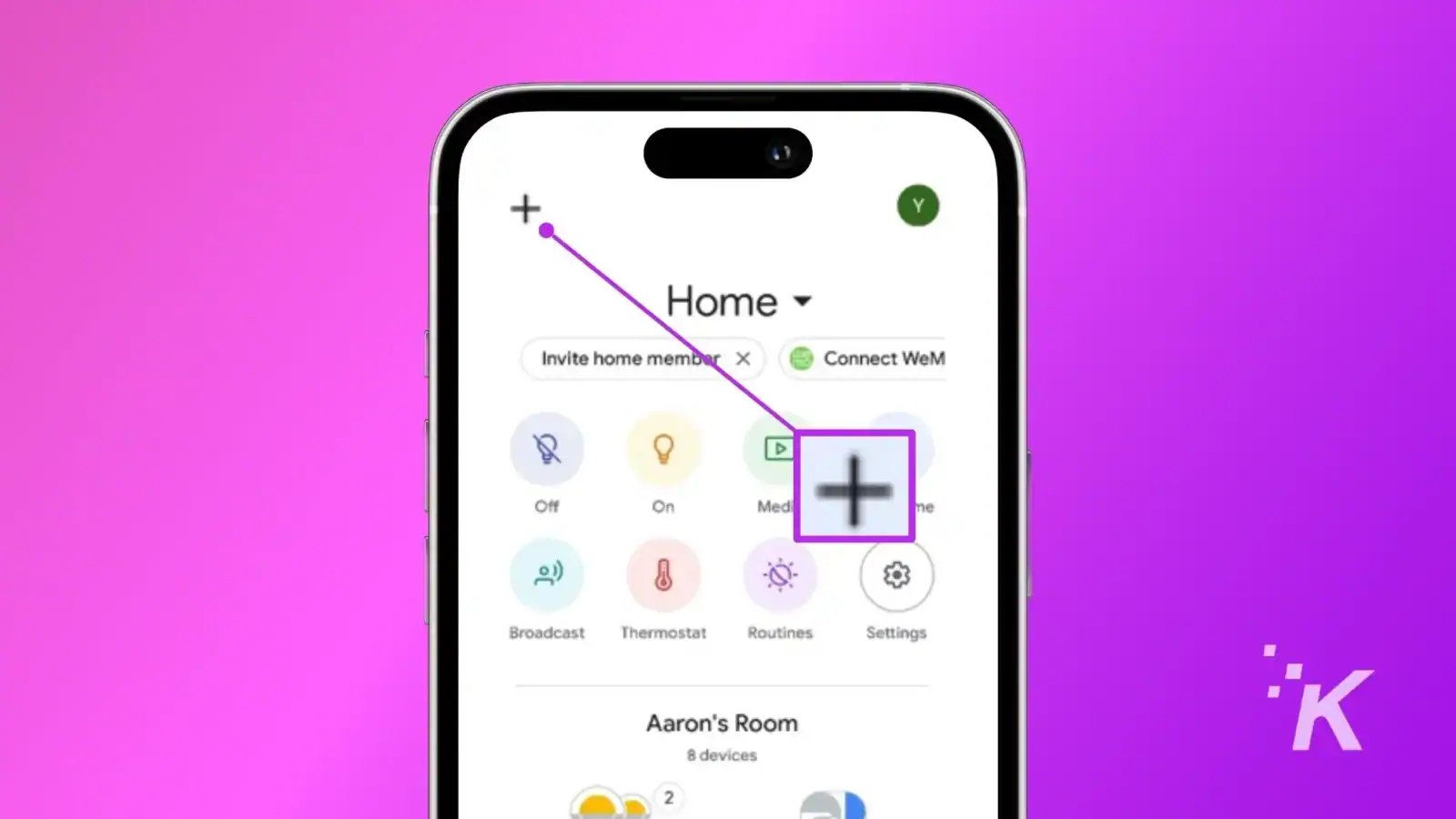 An illustration of a smartphone displaying a smart home app interface with options like "Thermostat" and "Routines." A magenta background surrounds the device.