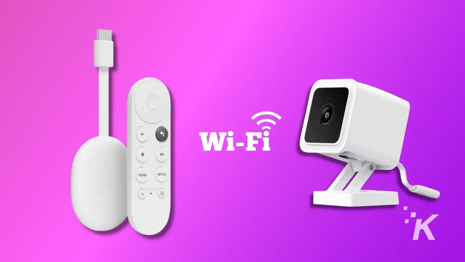 The image shows a streaming device with a remote control and a wireless security camera on a purple background, highlighting Wi-Fi connectivity and smart home technology.